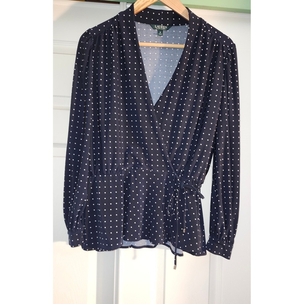 Lauren Ralph Lauren Navy Blue Polka Dot Wrap Blouse Long Sleeve V-Neck Top